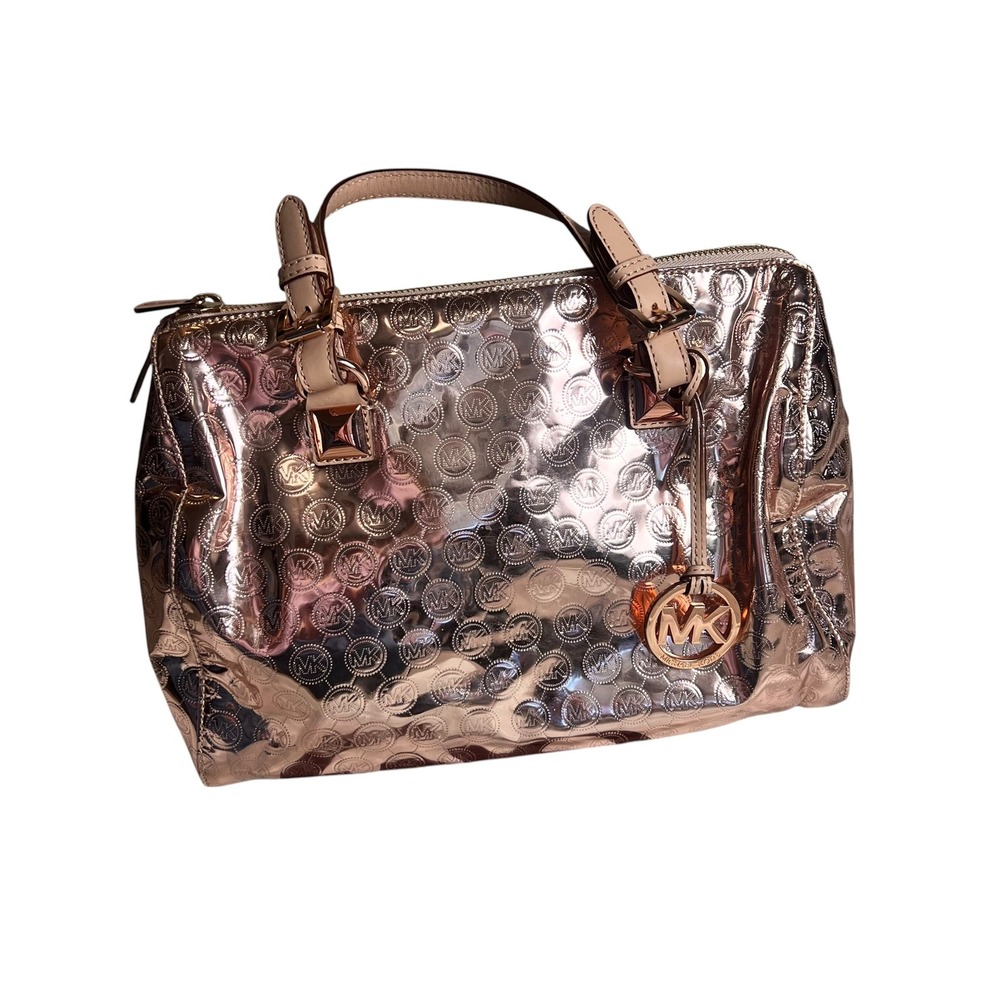 Michael Kors Rose Gold Metallic Embossed Logo Satchel Handbag